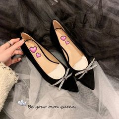 【Su Yining Style】Bach Serenade Pointed-Toe Water Diamond Bow Flat Shoes Women's High Heels Office