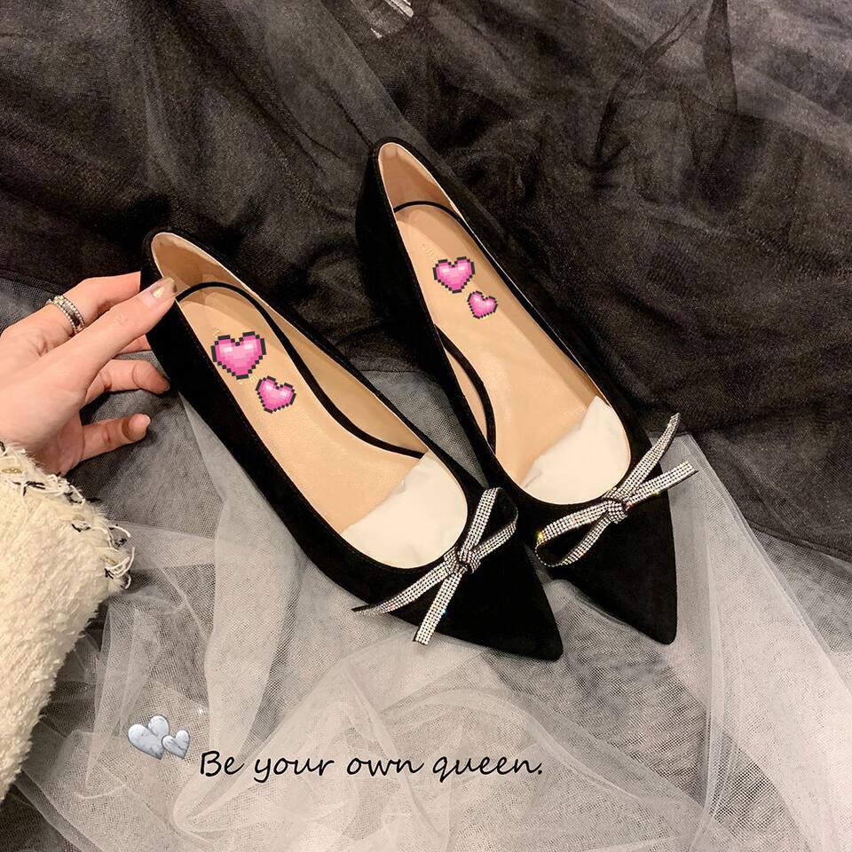 Giày búp bê nữ mũi nhọn đế bệt thêu nơ đính đá — Màu đen (đế bằng)