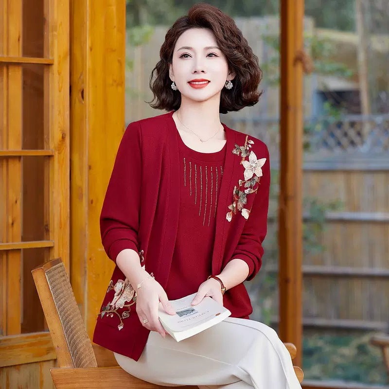 中老年女装春秋装两件套针织衫加肥加大码妈妈装宽松薄款开衫外套