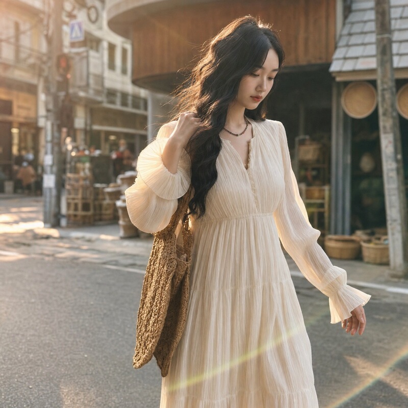 Important Occasion French-Style V-Neck Pleated Ruffle Long-Sleeve High-Waisted Slimming Apricot Tea Break Niche Long Dress Important Occasion French-Style V-Neck Pleated Ruffle Long-Sleeve High-Waisted Slimming Apricot Tea Break Niche Long Dress