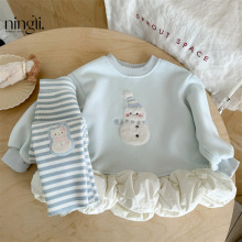 柠里儿童加绒套装秋冬新款女童加绒雪人卫衣条纹打底裤可爱两件套