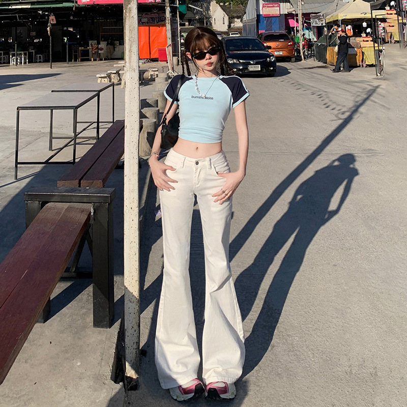 White Flared Jeans for Women, Spring and Autumn, Low Waist, Slimming, Stretchy, Versatile, Slim Fit, Black American Style, Hot Girl Flared Pants