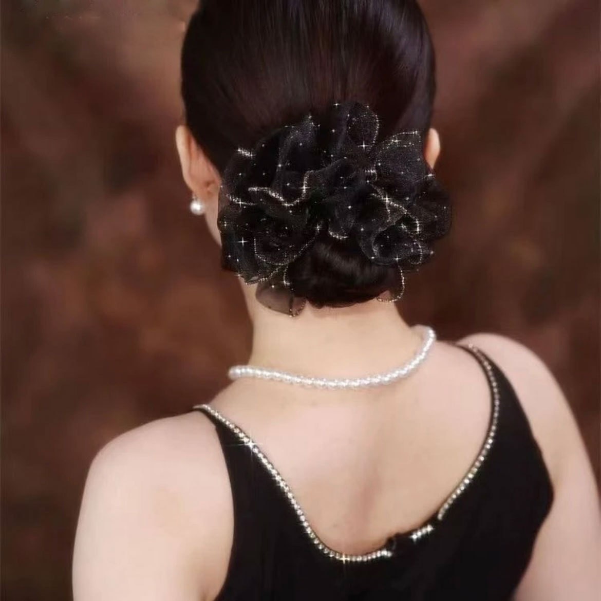 Black Rhinestone Mesh Hair Tie Durable Elastic For Ponytail Styling_voghion.com