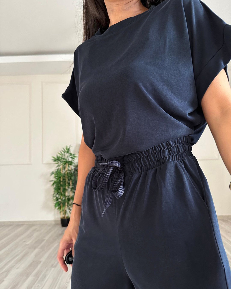 Women's Clothing Women's Spring Summer Solid Color Round Neck Short Sleeve Top With High Waist Wide Leg Pants Fashion Casual Outfit Set_ecoleips.com