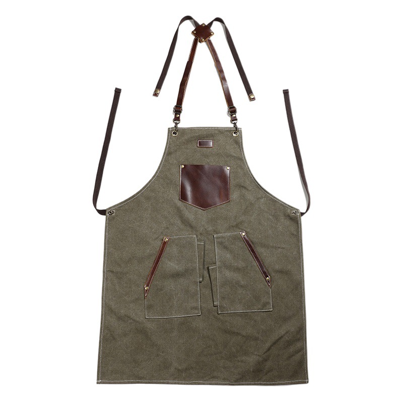 Comercio exterior delantal de lona gruesa bolsillo de cuero logotipo personalizado para herramientas de carpintería jardinería guardapolvos delantal al por mayor