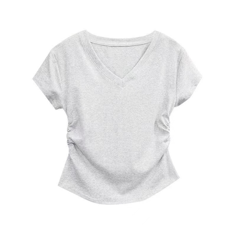 夏用右肩Vネックプリーツ万能半袖Tシャツレディーススリムフィットホットガールデザインショートイレギュラートップ|undefined