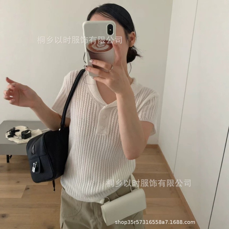 【YISHI】2026 Early Autumn Korean Gentle Style 7.4% Wool Blend Turn-down Collar Fine Cable Knit Short Sleeve Women's Sweater 【YISHI】2026 Early Autumn Korean Gentle Style 7.4% Wool Blend Turn-down Collar Fine Cable Knit Short Sleeve Women's Sweater