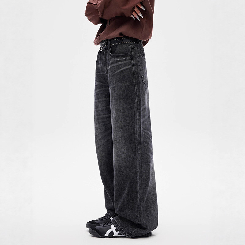 Men's Clothing Whiskered Denim Jeans American Style Straight Leg Retro Loose Fit Wide Leg Washed Black Trousers For Men And Women_mkmklike.com