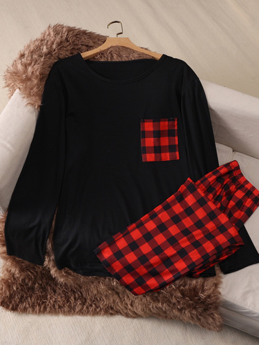Men's Long Sleeve Pajama Set Plaid Pattern Fitted Style