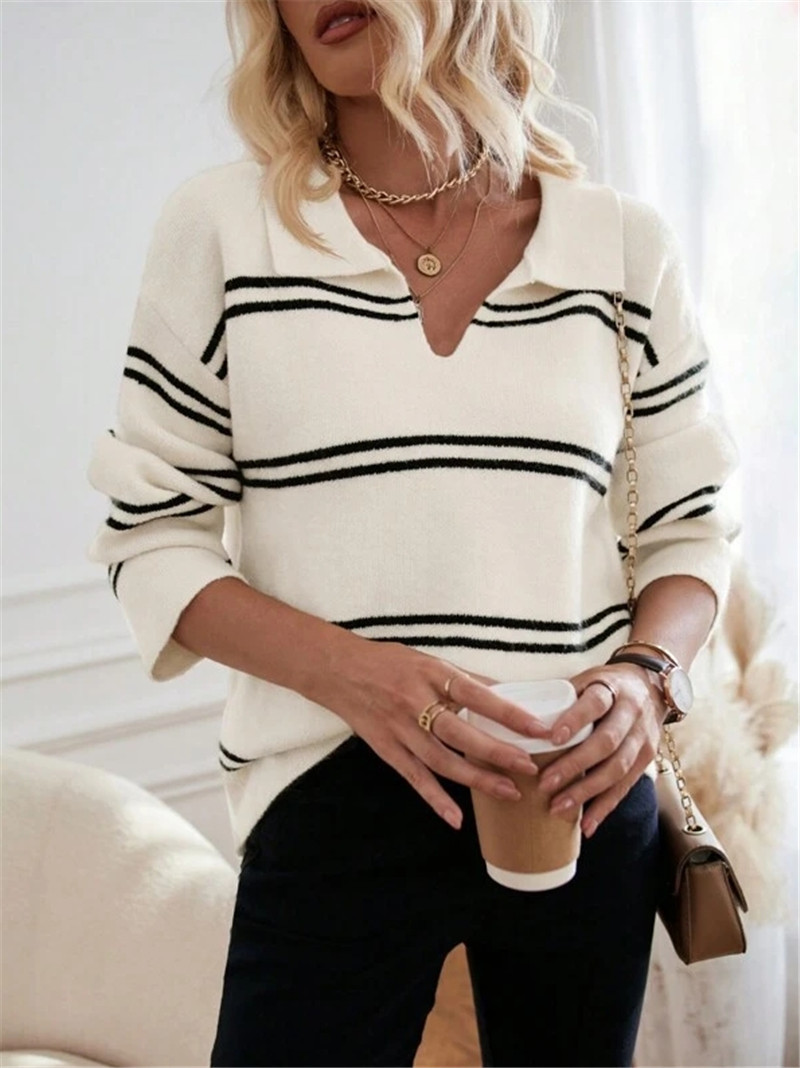Women's Striped Polo Sweater – V-Neck, Contrast Trim, Long Sleeve (White/Black/Apricot/Red, S-L)_ecoleips.com