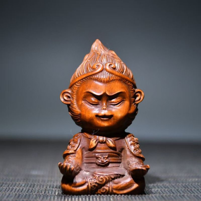 旧藏小叶黄杨木雕斗战圣佛手把件孙悟空齐天大圣木质汽车装饰摆件|undefined