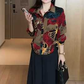 一件代发2026春秋季印花衬衫妈妈宽松衬衣女士POLO衫长袖上衣