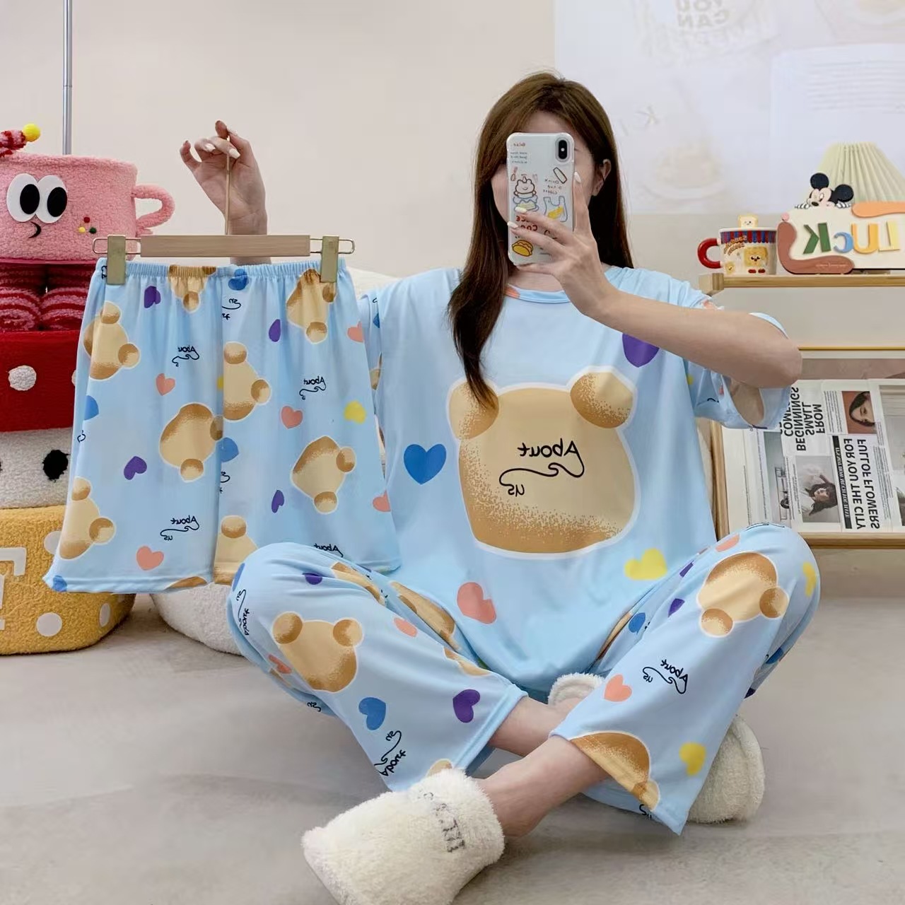 Pijamas de verano transfronterizos pijamas de leche de seda de tres piezas set de dibujos animados comercio exterior ropa para el hogar pantalones de mangas cortas lindos