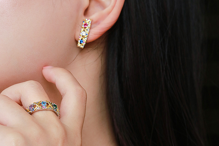 fashion vintage colorful inlaid zircon copper ring earrings set wholesale nihaojewelrypicture2
