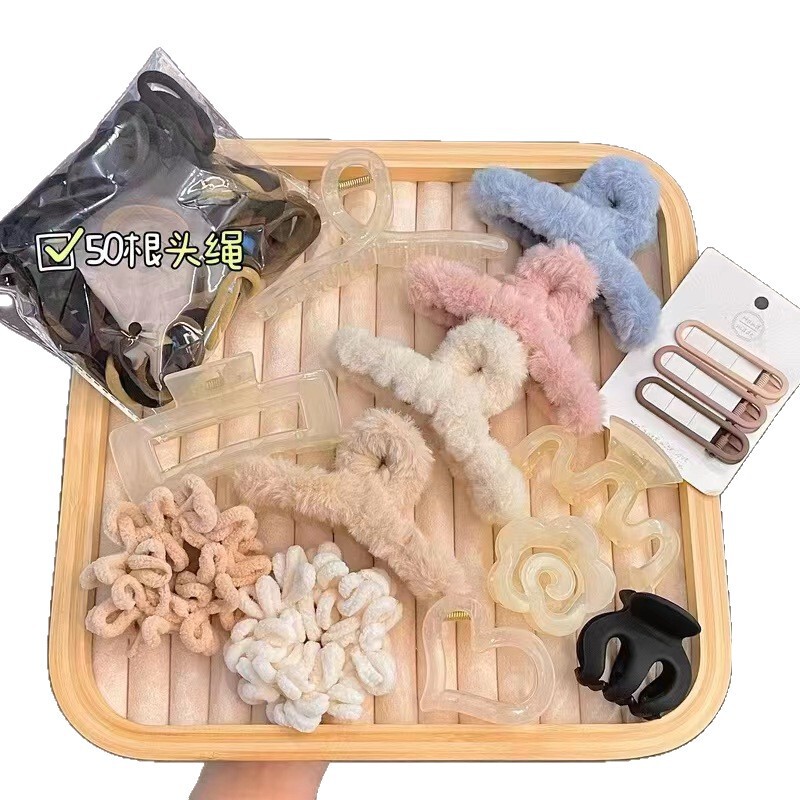 跨境新款秋冬套装毛绒抓夹女发饰高级感发圈发箍头绳发夹头饰批发|undefined