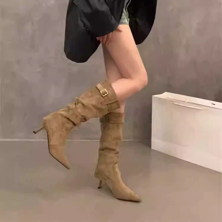 Khaki summer retro high boots, mid-length