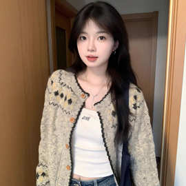 早秋费尔岛毛衣开衫外套女2025新款慵懒感小个子韩系气质针织上衣