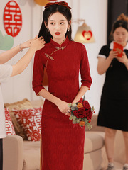 乾杯ドレス花嫁赤いチャイナドレス女性の夏小柄な人 2025 新しい中国風の婚約ドレス若い秋