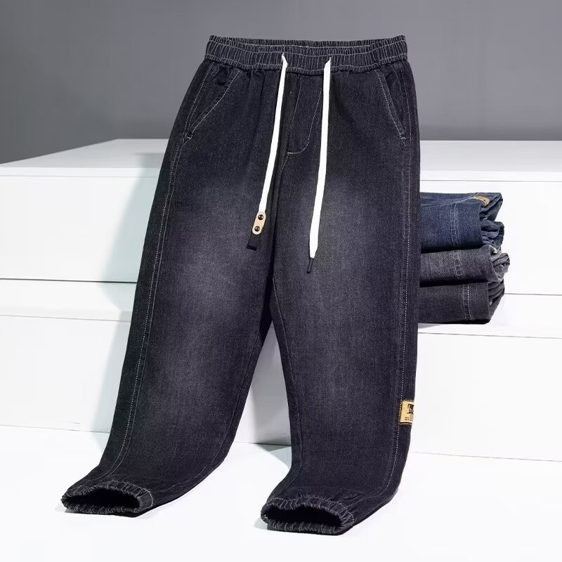 2024 primavera y otoño pantalones vaqueros de cintura elástica todo fósforo para hombres, pantalones de pierna ancha rectos sueltos para adolescentes de la calle principal