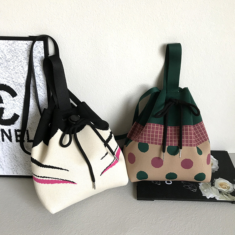 Trendy Knitted Bucket Handbag for Women, Versatile Casual Drawstring Tote Crossbody Bag