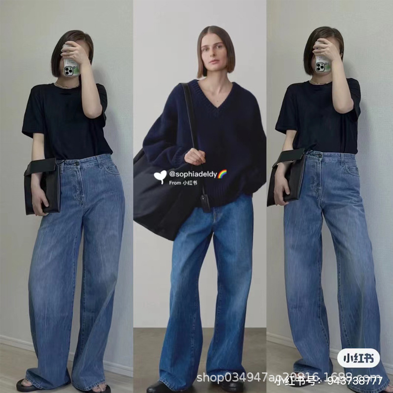 TH ~ Row Jeans Women's Spring and Autumn New Washed Blue Retro Loose Casual Pants Straight High Waist Wide Leg Pants TH ~ Row Jeans Women's Spring and Autumn New Washed Blue Retro Loose Casual Pants Straight High Waist Wide Leg Pants