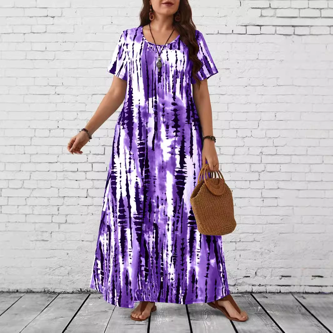 Летнее платье макси, европейский стиль, круглый вырез, plus‑size 1XL–5XL
