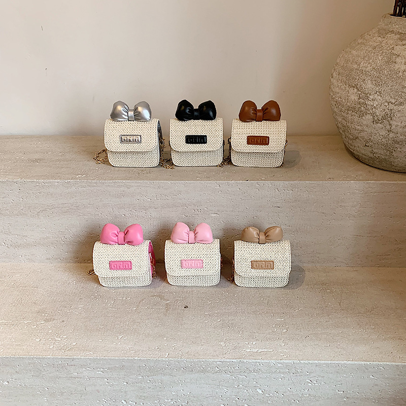Bolso de hombro para niños y niñas de estilo coreano mini bolso de mensajero para niños con lazo lindo 2025 nuevo bolso de paja para niños