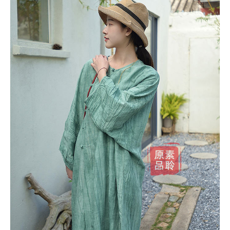 Retro Texture Tencel Linen Dirty Dye Modified Cheongsam Dress Light Chinese Style Slant Placket Mid-length Top S1604