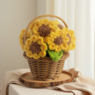 New Small Flower Blue Potted Plant Handmade Wool Crocheted Puff Small Flower Potted Plant Desktop Decoration Ornaments Knitted Immortal Flower