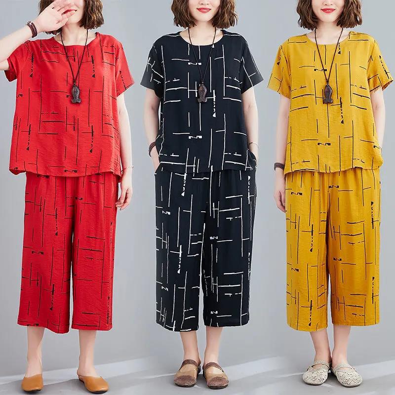 Fashion Set Women's Korean-style Loose Western Style Wide-style Women's Clothing Chubby Girl's Short-sleeved Summer Mother's Casual Two-piece Set for Women