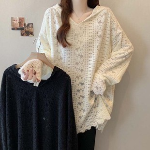 Spring 2025 New Hooded Lace Pullover Loose Sweatshirt Women's plus size All-match Slim Large Top