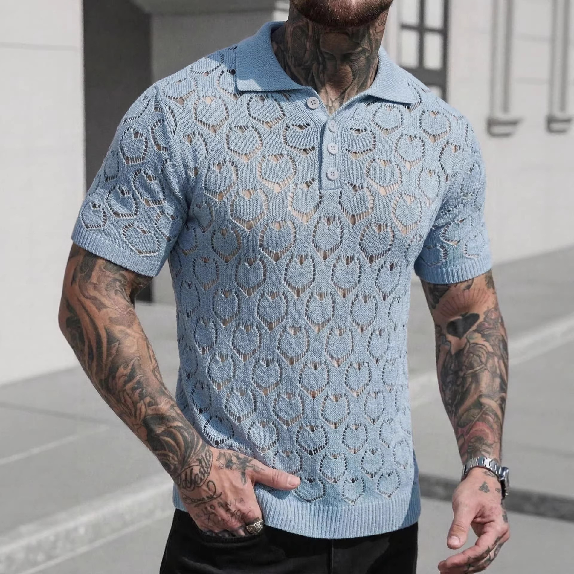 Herren Strick-poloshirt Mit Herzmuster Kurzarm Sommer-oberteil_voghion.com