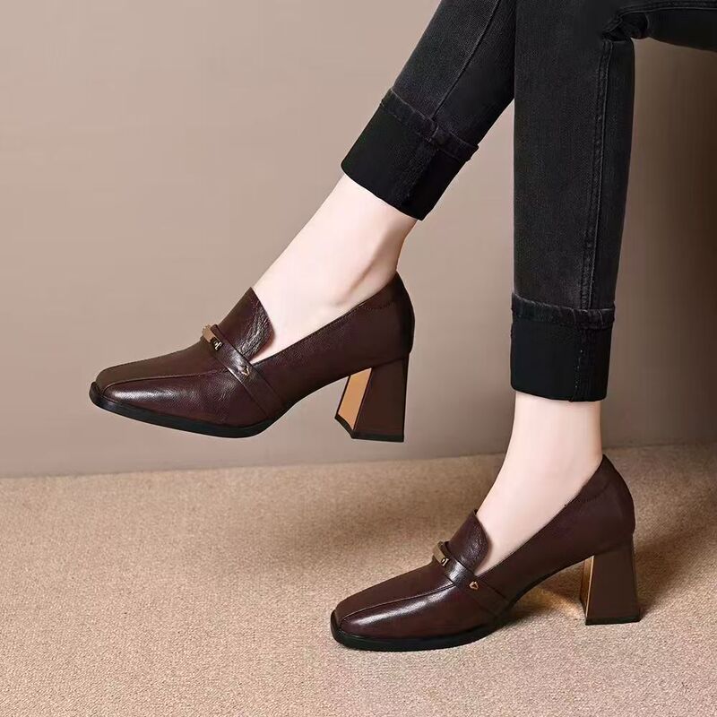Cross-Border New Square-Toe Women's All-Season Shoes Soft-Soled British Style Comfortable Casual Work Leather Shoes Thick High-Heeled Women's Shoes