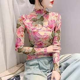 欧货2023秋冬新款修身显瘦高领时尚印花纱网长袖T恤潮洋气小衫实