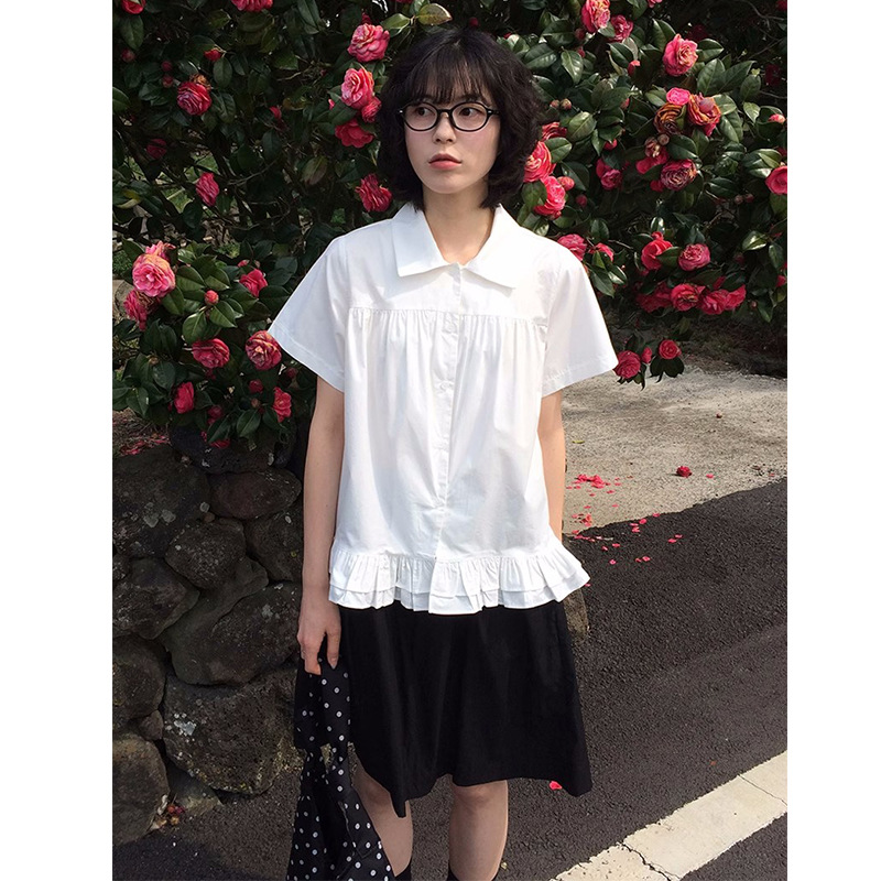 In Stock 2025 New Summer Korean Dongdaemun Preppy Style Ruffled Short-Sleeved Shirt High-Waisted Skirt for Women