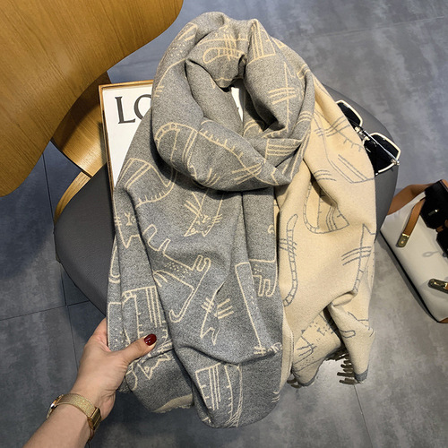  New Thick Tassel Scarf Women's Cat Print Imitation Cashmere Shawl Autumn and Winter Warm Scarf