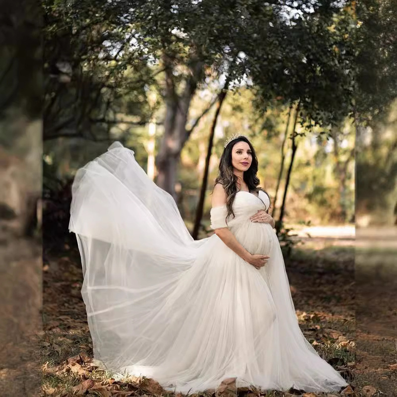 European and American Clothing Mercerized Cotton with Chiffon for Pregnant Women with Fluttering Tail and Fluttering Sleeves Long Dress Photography Dress 1209