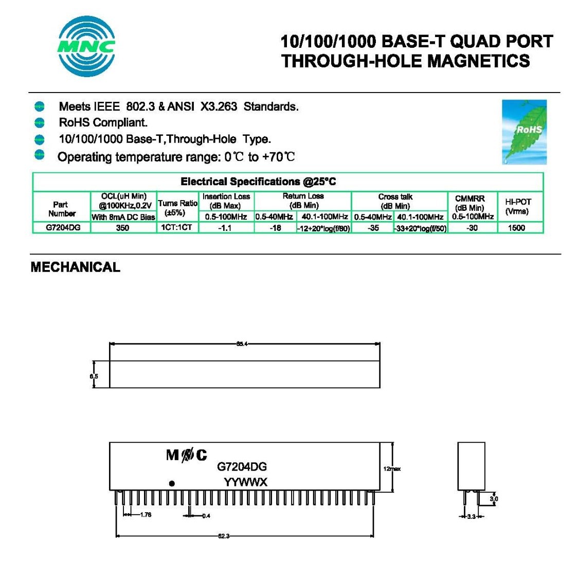 G7204DG 以太网络变压器LAN Transformers 1000-Base-T