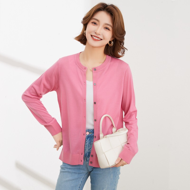 German Yangzi 60-Count Fine Worsted Wool Knitted Crew Neck Cardigan, Suitable for All Seasons, Thin Sweater Jacket, Sun Protection Clothing