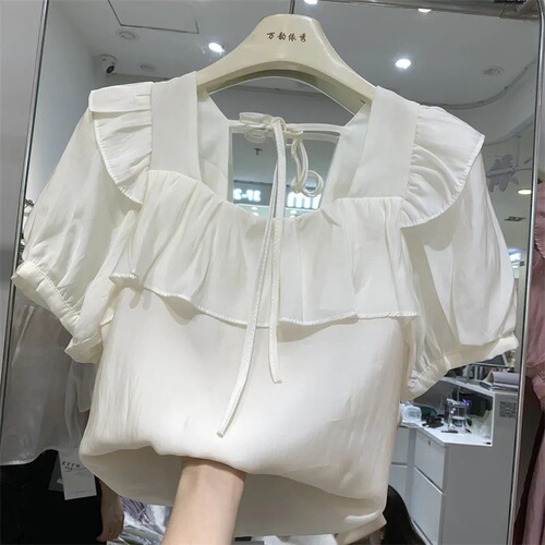 European-style Tencel chiffon blouse for women, V-neck tie-up top, summer new design with ruffled edges—stylish and chic petite shirt.