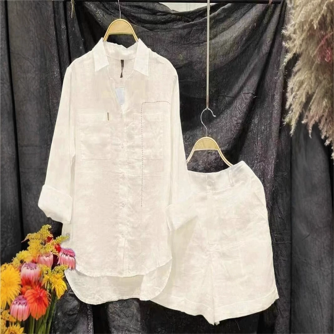 Летний женский костюм-кардиган 2025 года, однотонный, с длинным рукавом и шортами, повседневный, оптом, для трансграничной торговли Amazon