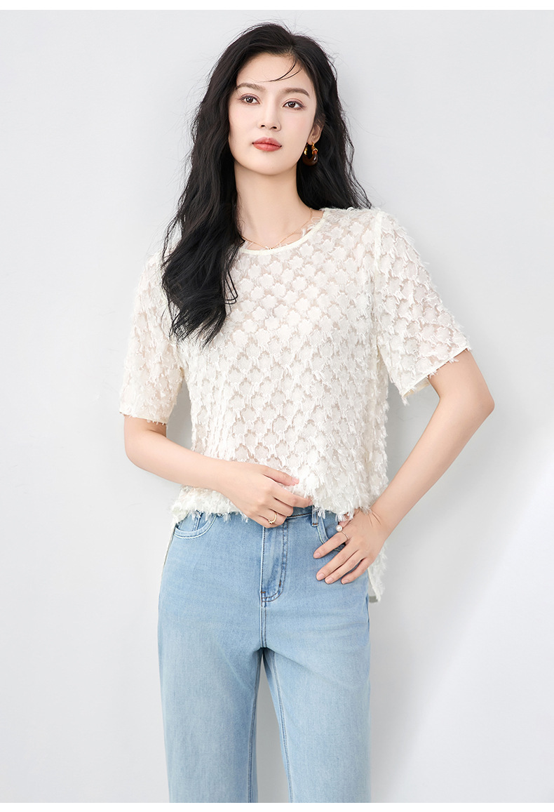 Áo thun lụa hoa cổ tròn thanh lịch đi làm mùa hè nữ phong cách rộng rãi — Màu đen chi tiết 15