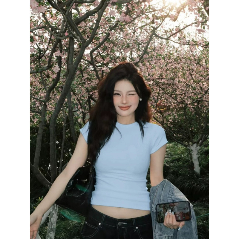 Milk Blue Shoulder T-Shirt Women's Baby light blue Round Neck Short-sleeved American-style Slim-fit Half-sleeved Waist Tight Short Top for Summer