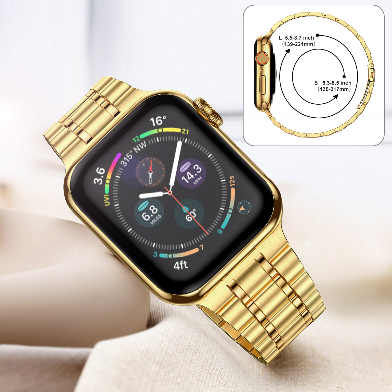 適用於蘋果手錶S 3 4 5iwatchS 7 8 9不鏽鋼金屬精鋼表鏈五珠錶帶