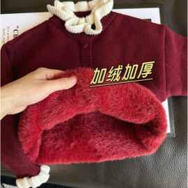 过年儿童一体绒针织毛衣女童童装秋冬季加厚木耳花边韩气花边上衣