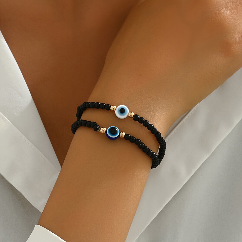 2 Pieces Vintage Turkey Blue Eye Beaded Elastic Bracelet-Handmade, Elastic