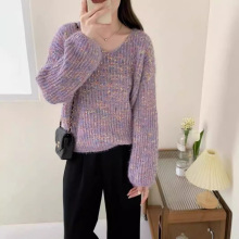 2025秋冬温柔彩点慵懒风毛衣女套头宽松百搭软糯V领针织衫上衣女