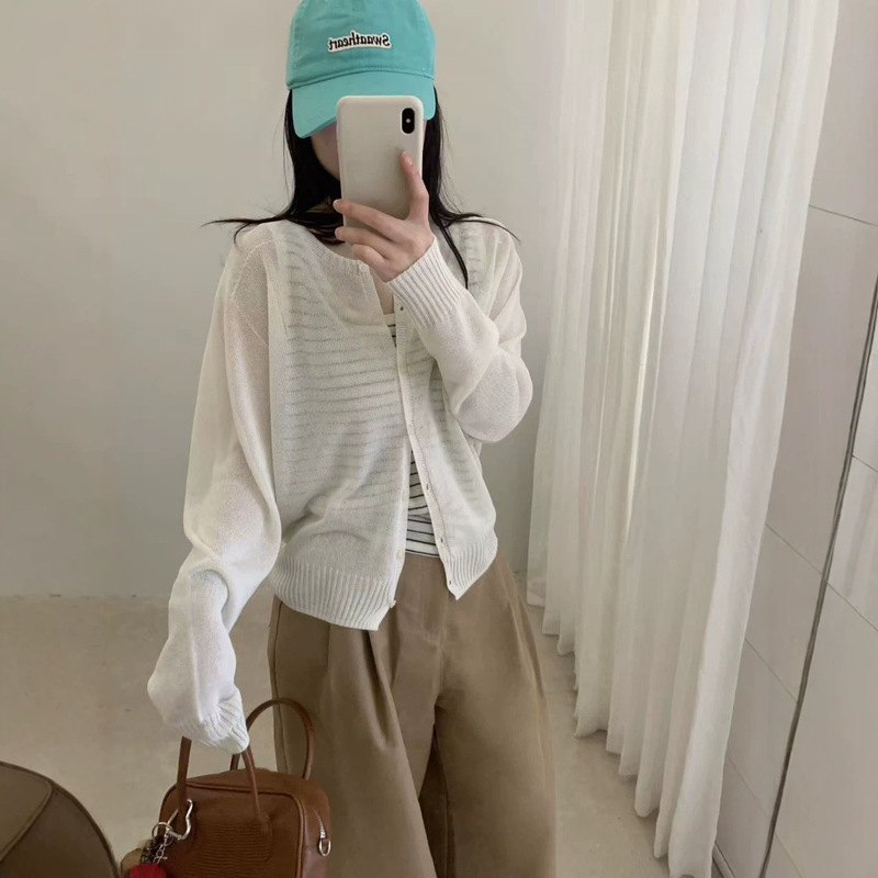 Korean-Style Simple Linen Ice Silk Knitted Cardigan for Women, Summer Sun Protection Clothing, Thin Round-Neck Slightly See-Through Loose Short Top Korean-Style Simple Linen Ice Silk Knitted Cardigan for Women, Summer Sun Protection Clothing, Thin Round-Neck Slightly See-Through Loose Short Top