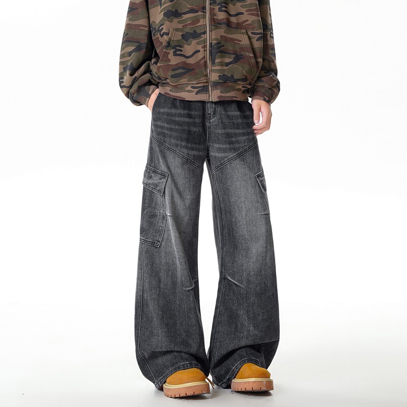 American-Style Bamboo Pattern Workwear Jeans for Men, Straight-Leg, Spring and Autumn, Loose Fit, Gradient Trendy High Street Boyfriend Style Pants