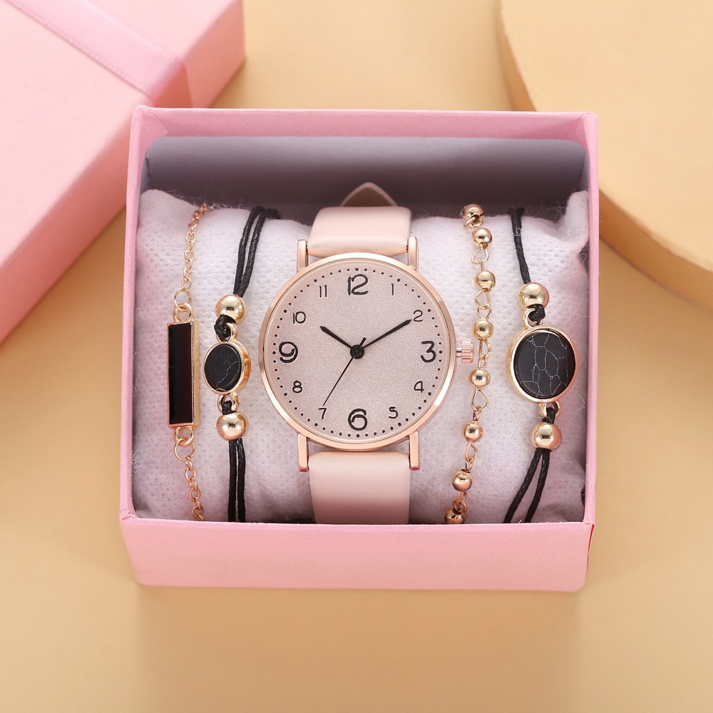 exclusive for simple and versatile fresh preppy style trend belt quartz watch + bracelet (5pcs/set)_voghion.com